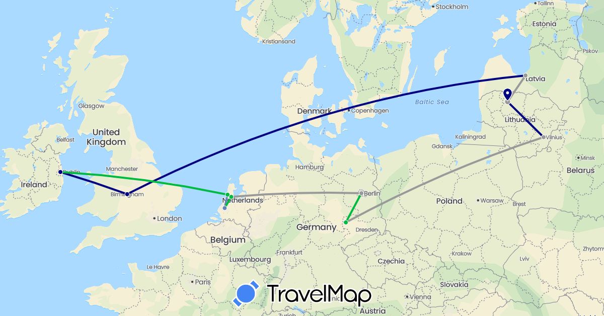 TravelMap itinerary: driving, bus, plane, cycling in Germany, United Kingdom, Ireland, Lithuania, Latvia, Netherlands (Europe)